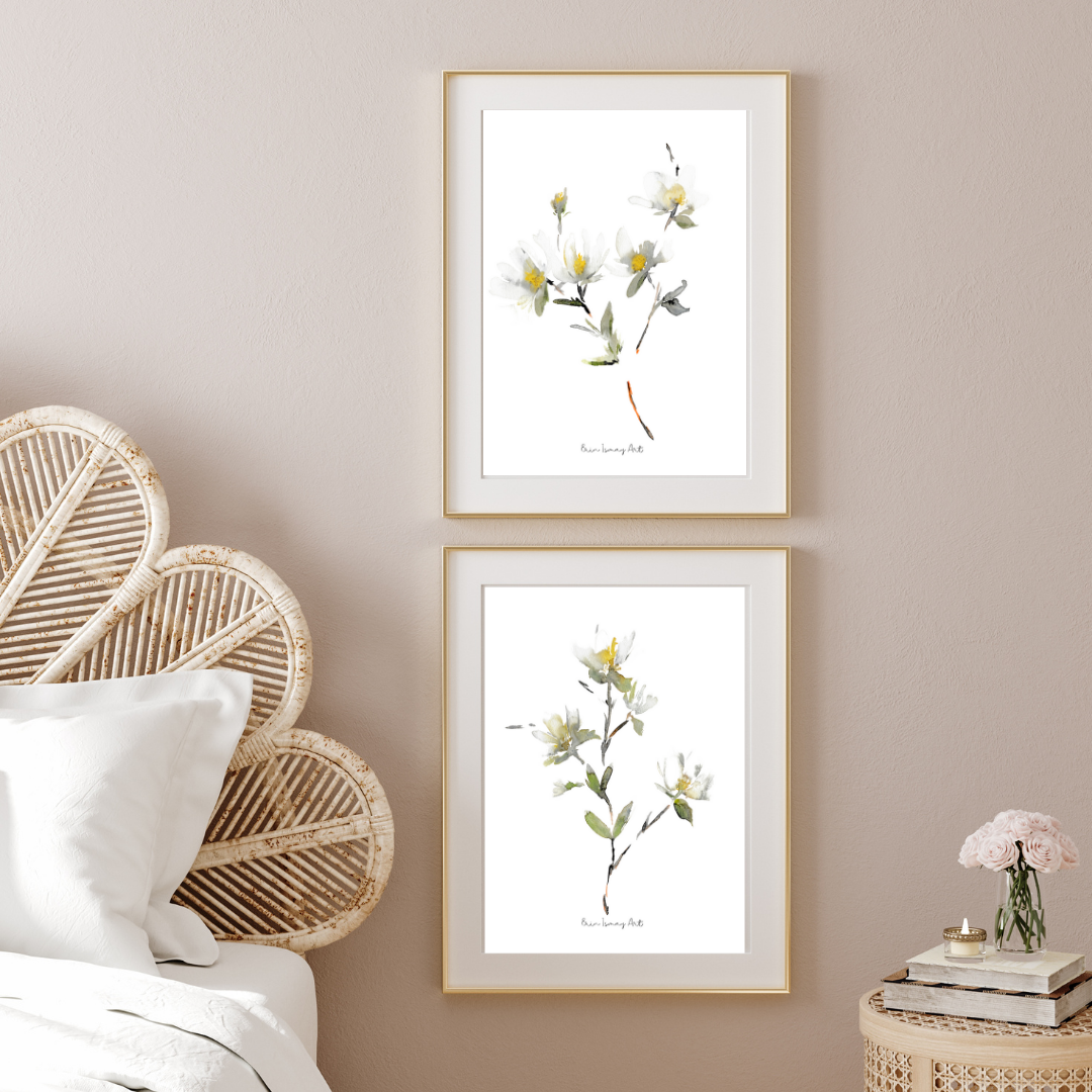 White Magnolia Watercolour Print- 2 Piece Set