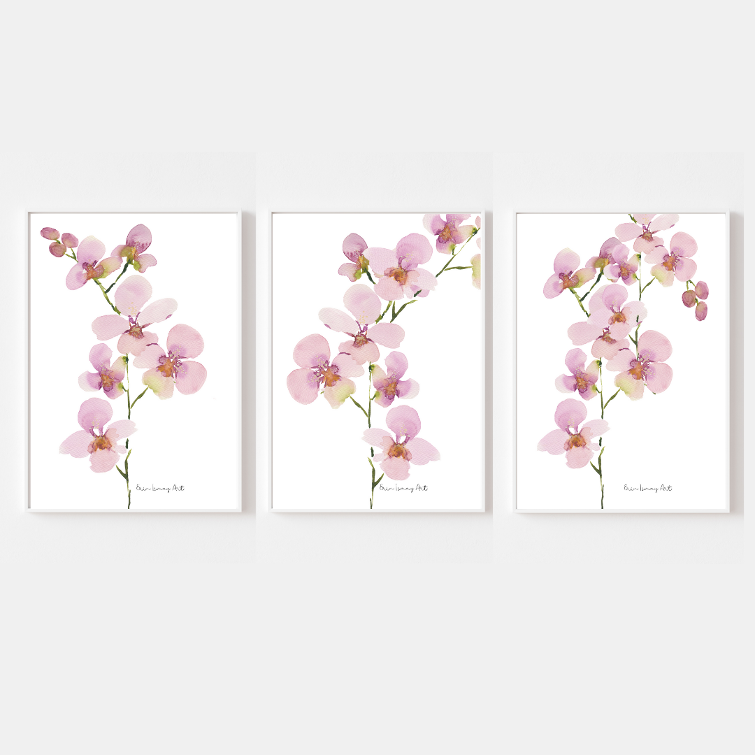 Pink Orchid Stems Watercolour Print-3 Piece Set