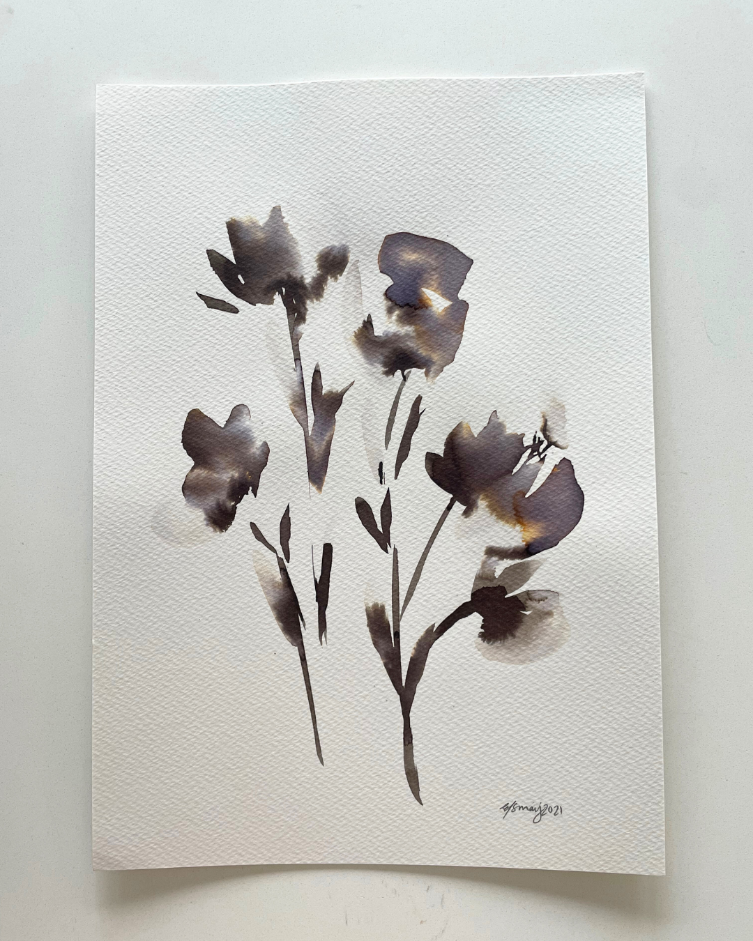 A4 Black Floral Original Watercolour