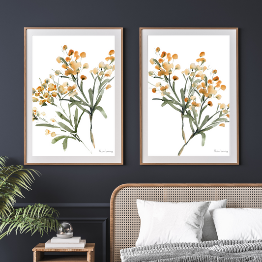 Abstract Mustard Blooms Watercolour Print - 2 Piece Set