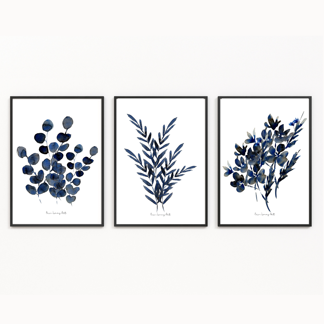 Navy Botanical Watercolour Print-3 Piece Set