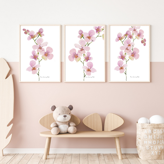 Pink Orchid Stems Watercolour Print-3 Piece Set